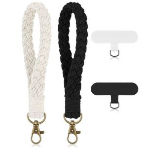 Lot de 2 cordons pour t&eacute;l&eacute;phone portable avec languette dattache cha&icirc;ne pour smartphone bracelet porte-cl&eacute;s beige + noir