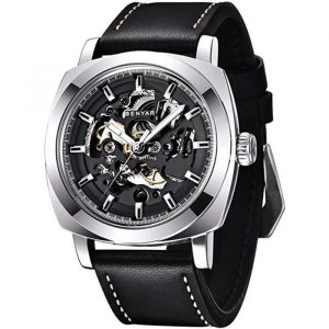 Montre Automatique Homme Mécanique Bracelet en Cuir Squelette Évider Étanche Cadeau de fête des pères et mari