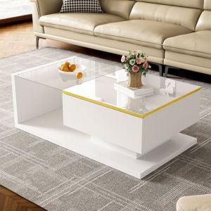 Table basse 90&times;50 cm blanche laqu&eacute;e plateau verre tremp&eacute; et LED 16 couleurs &ndash; Style moderne