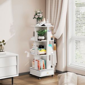 Biblioth&egrave;que rotative - &Eacute;tag&egrave;re &agrave; livres 3 niveaux sur roulettes 1 tiroir rotation 360&deg; panneau de particules 40x40x1135 cm blanc