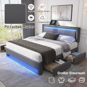 Lit coffre - TKOPY - Lit adulte double 140x190 cm avec LED et USB - Lit rembourré avec 4 tiroirs et charge sans fil - PU Gris