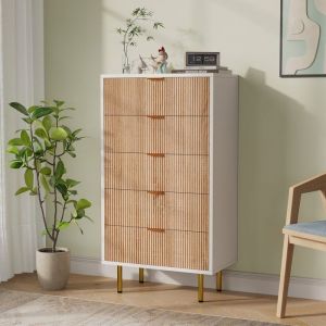 CommodeCommode ArmoireMeuble de rangement5 Tiroirs-Poign&eacute;es et pieds en m&eacute;tal-60x34x110 cm-pour SalonChambre-Bois naturel+Blanc
