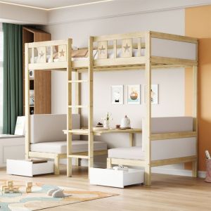 Lit Mezzanine Enfant 90x200cm Lit Mezzanine 1 Place Lit en Hauteur Enfant Bois Bureau et Lit 2 en 1 Coussin Intégré 2 Tiroirs