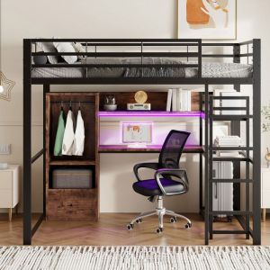 Lit mezzanine 140x200 avec LED Lit enfant avec bureau et escalier Lit coffre avec tiroirs et étagères lit 2 places Métal Noir