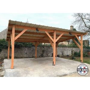 Carport 2 voitures Bois Douglas Fran&ccedil;ais 23 m&sup2; &ndash; monopente &ndash; 6 poteaux &ndash; Abri 2 v&eacute;hicules &ndash; Garantie 10 ans