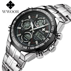 Wwoor Luxe Montre Homme Sport Chronographe Quartz Double Affichage Montre-bracelet Bracelet Acier &Eacute;tanche Montre Homme