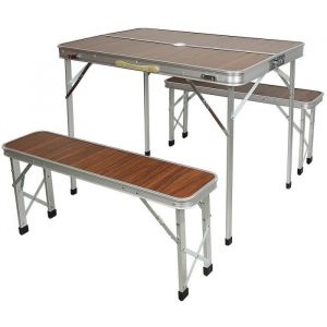 YIS Table Pliante en Aluminium pour Camping Jardin Pique-Nique - Ensemble Mobile Table + 2 Bancs - 90 x 60 x 70 cm Marron