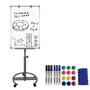 Chevalet de Conférence avec support - Hauteur Réglable, Mobile, 60 x 90 cm, Tableau Magnétique Blanc, pied rond avec roulettes