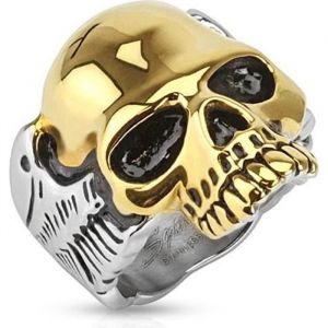 Bague chevalière homme acier et tête de mort plaqué or sculptée biker (65)