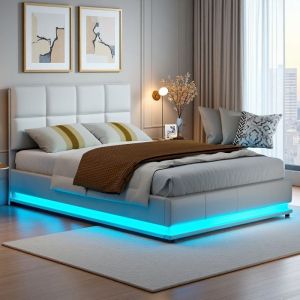 Lit coffre 140x200 avec sommier hydraulique LED - Mécanisme lift silencieux Rangement intégré Blanc PU