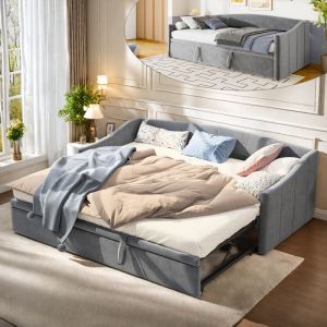 Lit gigogne 2 places 90/180x200cmCanap&eacute;-lit Convertible rembourr&eacute; avec sommier &agrave; LattesCanap&eacute; Convertible ExtensibleGrisVelours