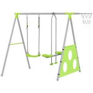 Balan&ccedil;oire Enfant Ext&eacute;rieur Acier Vert R&eacute;glable  Portique 2 Swings avec Toboggan et &Eacute;chelle  Jeu Jardin S&eacute;curis&eacute;