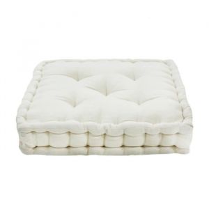 Pouf tapissier en velours de coton uni écru 40x40