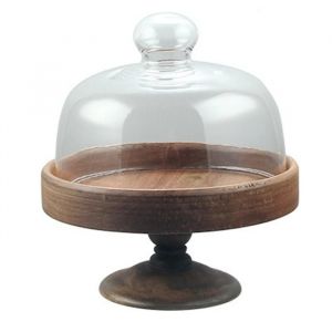 Présentoir à Gâteaux sur Pied avec Couvercle en Verre - Assiette à Dessert en Bois et Verre Plat à Dim Sum Assiette à Pain L
