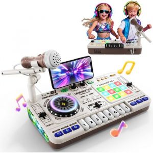 Table de mixage DJ pour enfants DJ Mixer Controller de 3-10 ans Avec Micro 100+ Effets Sonores Jouet musical Lumi&egrave;res Blanc
