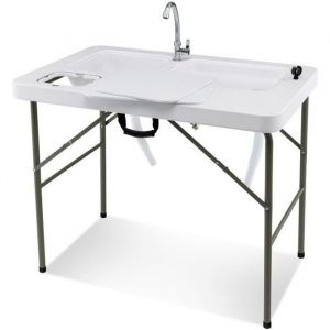 COSTWAY Table de Camping Pliante avec 2 Éviers Robinet Rotatif à 360° pour Nettoyage de Poisson en Acier&HDPE Charge 150KG Blanc