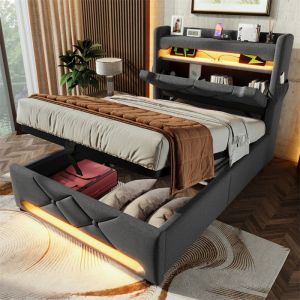 Lit 1 Place Adulte Lit 90x200cm avec Sommier et Rangement Lit Coffre &Eacute;clairage LED 360&deg;  T&ecirc;te et Pied de Lit USB Gris Lin
