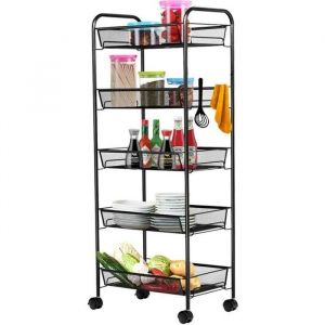 5 Niveau &Eacute;tag&egrave;re Chariot Desserte de Cuisine &agrave; Roulettes Rangement Stockage Support Bureau Salle de bains 45x26x105cm Noir