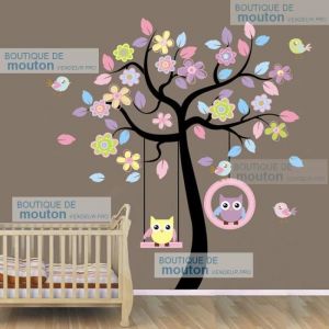 Stickers muraux - Vendeur mouton - Enfant arbre et hibou - Violet - Asymétrique - Style Enfant