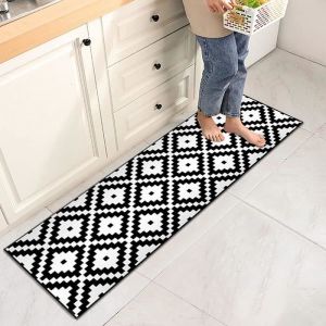Tapis de Cuisine Devant Evier 50 x 160 cm Noir Blanc Motifs G&eacute;om&eacute;triques Tapis de Sol Antid&eacute;rapant