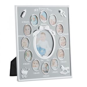 Relaxdays Cadre pour photos bébé an 1Cadre photo bébé par mois en alu12 mois 29 x 24 cm Collage pour exposerargent