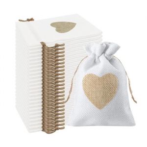24Pcs Motif de Coeur Sachets en Toile de Jute Pochettes 10*14CMpour Bijoux Boite Dragees Mariage Bonbons Adeaux Cadeau (Blanche)