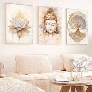 Statues de Bouddha et affiches de lotuspeintures murales abstraites sur toile avec arbre de vie décoration murale 50x70sans cadre