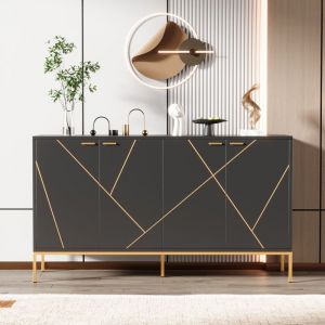 Buffet 4 Portes Noir Buffet Bas de Salon Style Moderne Meuble de Rangement 150x40x80 cm Pieds en Métal Commode