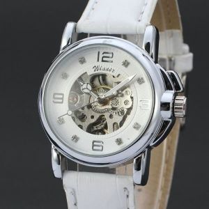 Montre Automatique Mécanique Femme T-winner - Bracelet en Cuir - Cadran Squelette - Décoration Cristal