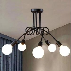 Lustre en fer forg&eacute; 5 t&ecirc;tes - Fusion - Plafonnier Industriel en Fer Noir - Diam&egrave;tre 70CM - Hauteur 40CM