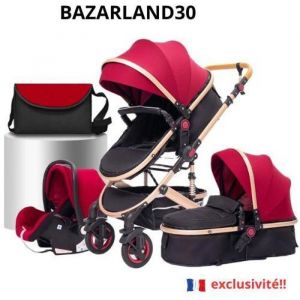 BAZARLAND30.Poussette 3 en 1 Bébé Combinée Siège-Auto Nacelle Trio Réversible Réglable Haute Qualité Roues increvables Canne.rouge