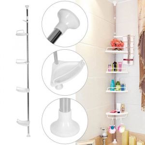 4 Couches Coin Etagère de Douche Télescopique 85-305cm Etagère Salle de Bain Etagère de Rangement Hauteur Réglable