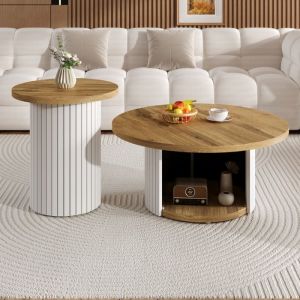 Ensemble de tables basses - MODERNLUXE - 75x75x50 cm+45x45x35 cm - Plateau rond - Compartiments de rangement - MDF - Naturel