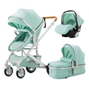 BAZARLAND30 Poussette 3 en 1 Bébé Combinée Siège-Auto Nacelle Trio Réversible Réglable Haute Qualité Roues increvables Canne.vert