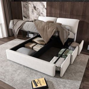 Lit Coffre 140x190cm pour 1 Personne Lit Rembourr&eacute; avec 3 Tiroirs et Rangement Lit Adolescent avec T&ecirc;te de Lit Velours Beige