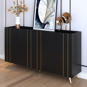 Buffet bahut commode avec 4 portes pieds en métal 160x38x80 cm dessin moderne meubles de salon noir et or