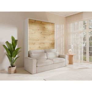 Lit escamotable 160 x 200 cm - Ouverture verticale manuelle - Coloris : Naturel et blanc + Canap&eacute; - BEGANIO