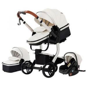 BAZARLAND30 Poussette 3 en 1 Bébé Combinée Siège-Auto Nacelle Trio Réversible cuir pu Roues increvables Canne blanc.