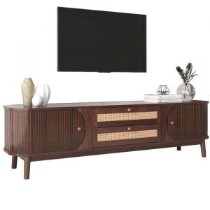 MODERNLUXE Meuble TV 170x40x46cm garniture en bois massif et rotin deux tiroirs deux portes style Scandinave marron