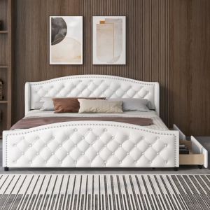 Lit adulte en simili cuir 180x200 cm Lit 2 tiroirs en bas et Lit dinvit&eacute; Blanc