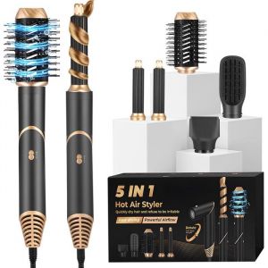 Sèche-cheveux 5 en 1 - brosse à air chaud avec brosse à lisser et fer à boucler - pour sécher lisser et coiffer soin ionique