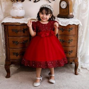 Robe Princesse B&eacute;b&eacute; Fille Manches Courtes Paillettes pour Mariage C&eacute;r&eacute;monie - Rouge