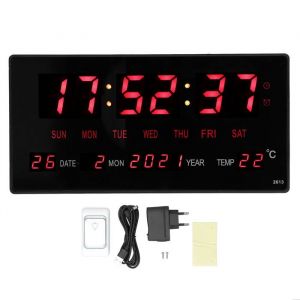 Horloge Murale Numérique LED Grand écran Horloge de Calendrier Suspendue de Bureau avec Température Intérieure 100?240V