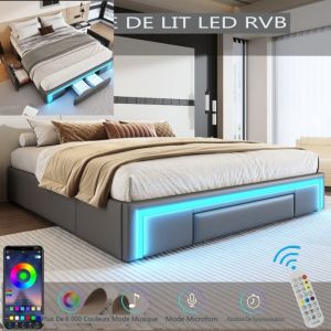 Lit coffre 160x200 cm structure de lit avec 3 tiroirs et éclairage LED lit plateforme à lattes métalliques en cuir PU gris