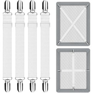 Lot de 4 Accessoires Literie Tendeur Draps Réglable Sangle Drap Housse Élastiquepour Drap Lit Canapé Housse de Repassage - Blanc