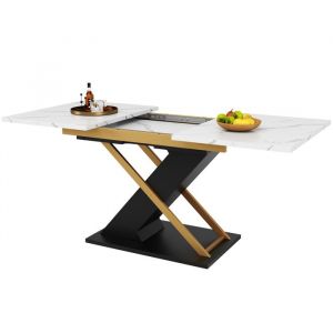 Table &agrave; Manger Rectangulaire avec Plateau Extensible et Pieds Crois&eacute;s Dor&eacute;s MDF et M&eacute;tal 160-200 x 60 x 754 cm &ndash; Noir et Blanc