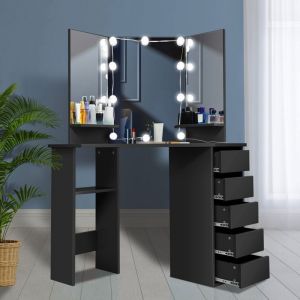 Coiffeuse dAngle Noir avec Miroir et LED- ELOKLEM -112x50x143cm 5 tiroirs et étagère-Bureau Coiffeuse pour Femme Style Moderne