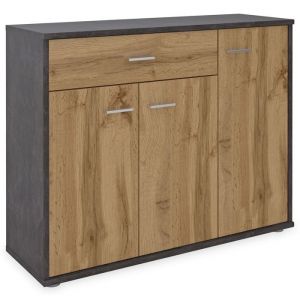 Meuble à chaussures CAMILLE en bois coloris béton foncé et chêne wotan commode de rangement avec 1 tiroir et 3 portes