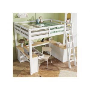 Lit Mezzanine Enfant 140x200 Blanc & Naturel avec Grand Bureau en U 2 Tiroirs &Eacute;tag&egrave;re et &Eacute;chelle 5 Marches