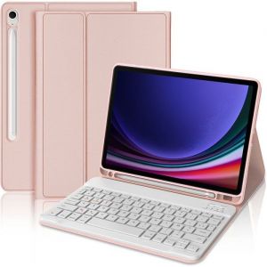 Coque Clavier - E.F.CONNECTION - pour Samsung Galaxy Tab S9 (11 Pouces) Cuir PU Rose - Clavier Bluetooth Blanc